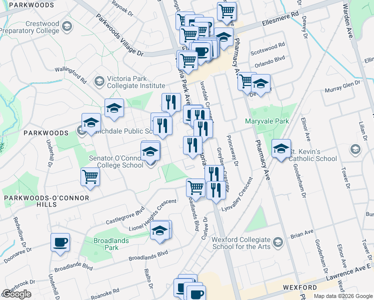 map of restaurants, bars, coffee shops, grocery stores, and more near 100 Rowena Drive in Toronto