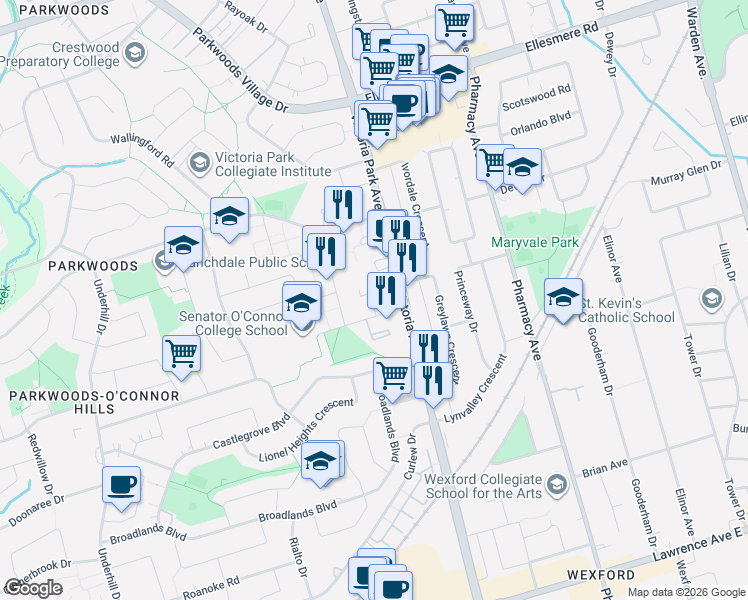 map of restaurants, bars, coffee shops, grocery stores, and more near 100 Rowena Drive in Toronto