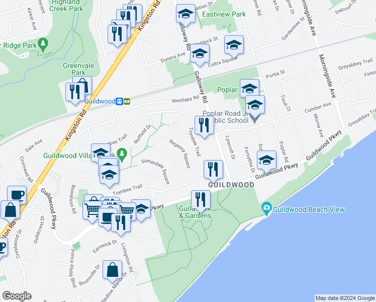 map of restaurants, bars, coffee shops, grocery stores, and more near 68 Regency Square in Toronto