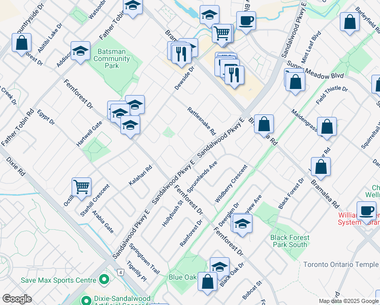 map of restaurants, bars, coffee shops, grocery stores, and more near 2 Palmolive Street in Brampton