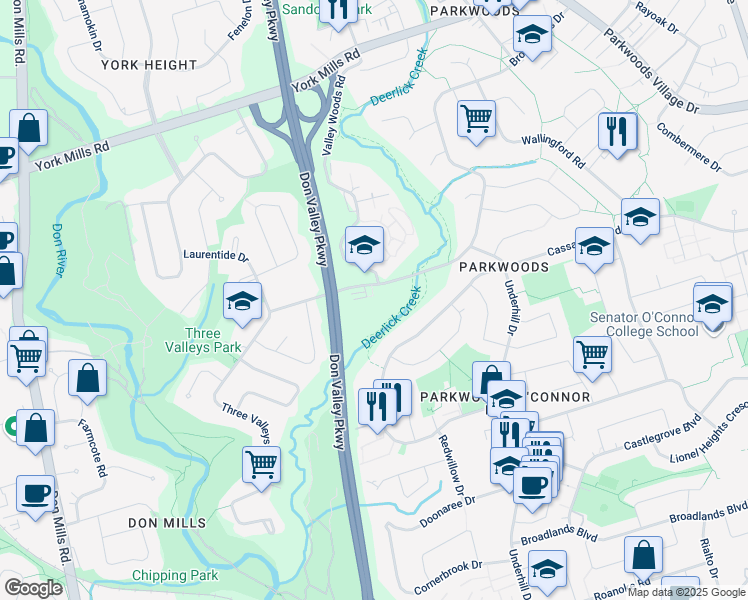map of restaurants, bars, coffee shops, grocery stores, and more near 15 Brookbanks Drive in Toronto