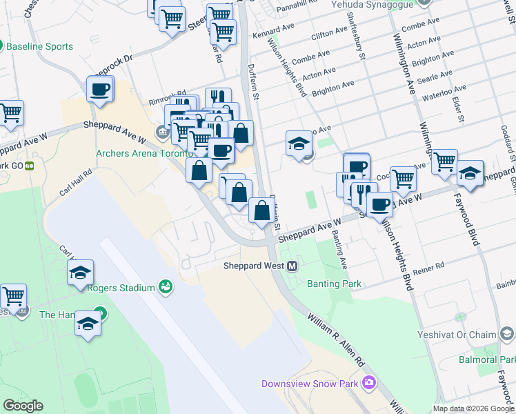 map of restaurants, bars, coffee shops, grocery stores, and more near 10 De Boers Drive in Toronto