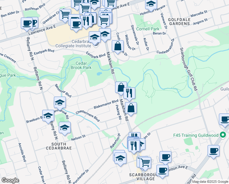 map of restaurants, bars, coffee shops, grocery stores, and more near 450 Markham Road in Toronto