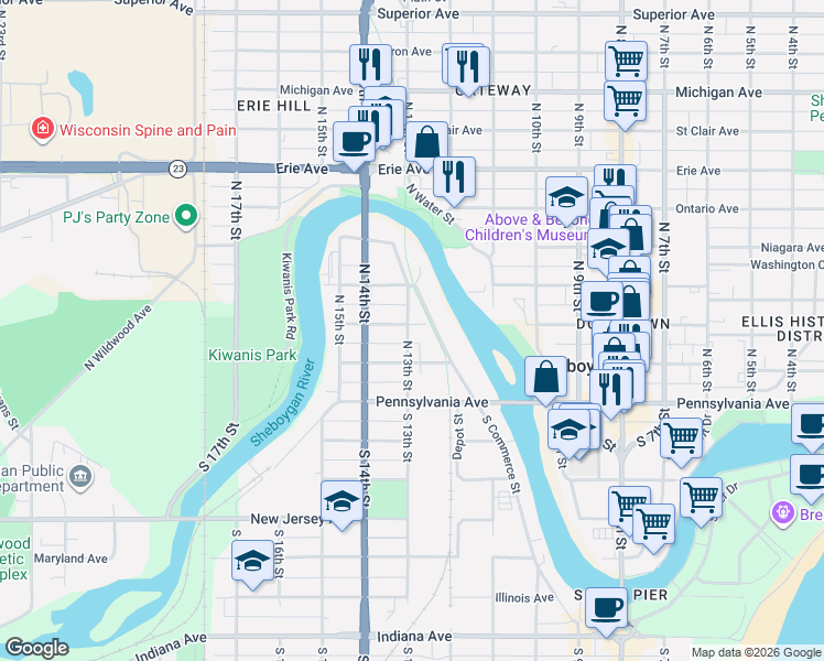 map of restaurants, bars, coffee shops, grocery stores, and more near 1306 New York Avenue in Sheboygan