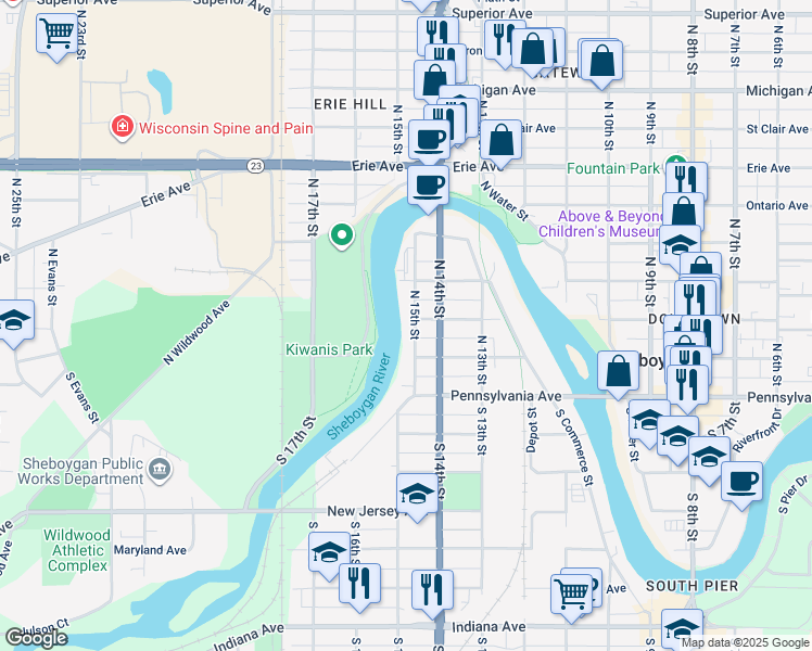 map of restaurants, bars, coffee shops, grocery stores, and more near 630 North 15th Street in Sheboygan
