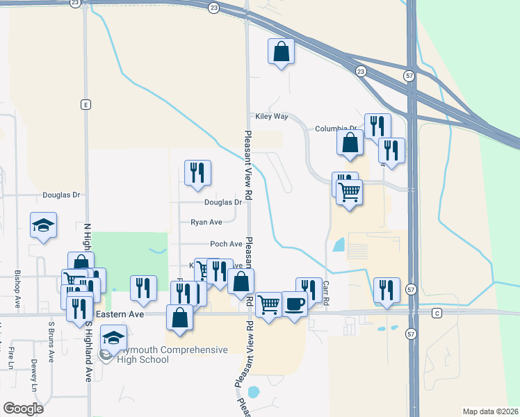 map of restaurants, bars, coffee shops, grocery stores, and more near 2475 Douglas Drive in Plymouth