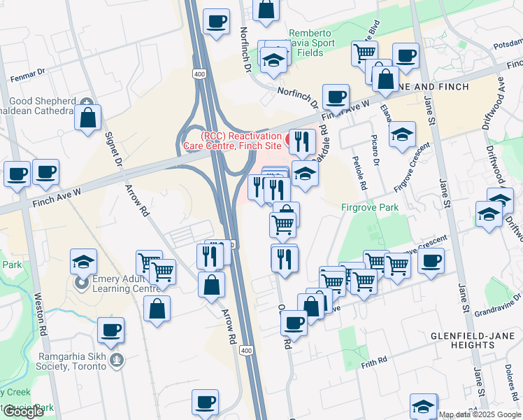 map of restaurants, bars, coffee shops, grocery stores, and more near 750 Oakdale Road in Toronto