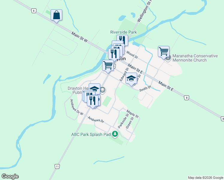 map of restaurants, bars, coffee shops, grocery stores, and more near 22 Edward Street in Drayton