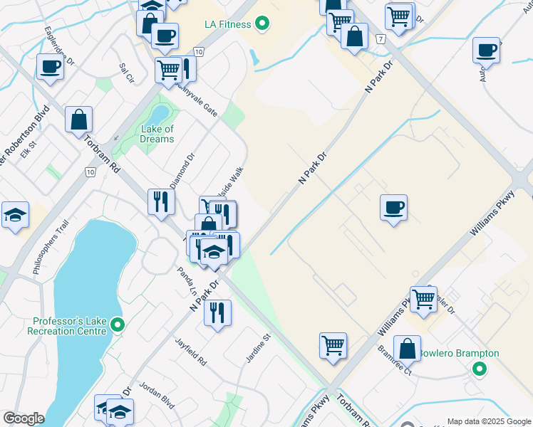 map of restaurants, bars, coffee shops, grocery stores, and more near 2300 North Park Drive in Brampton