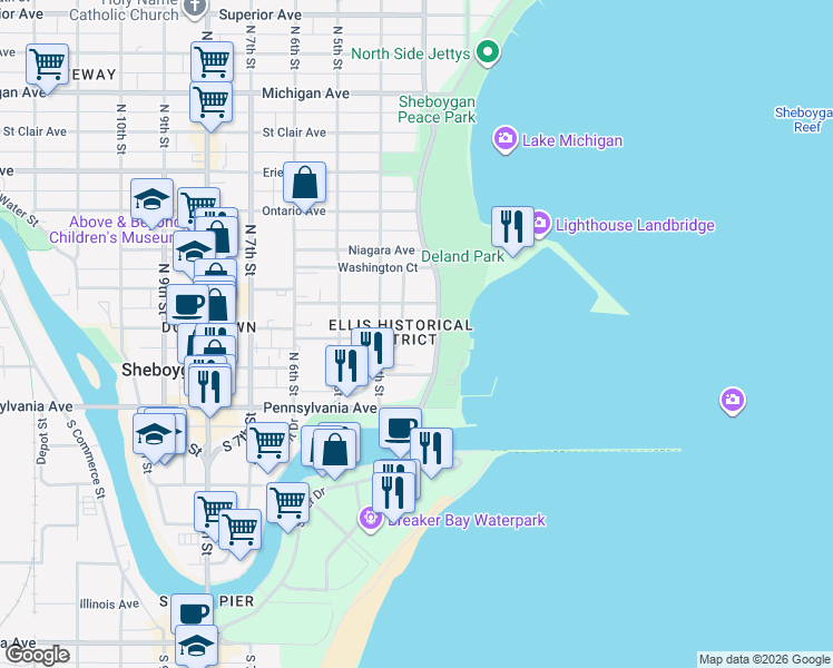 map of restaurants, bars, coffee shops, grocery stores, and more near 304 New York Avenue in Sheboygan