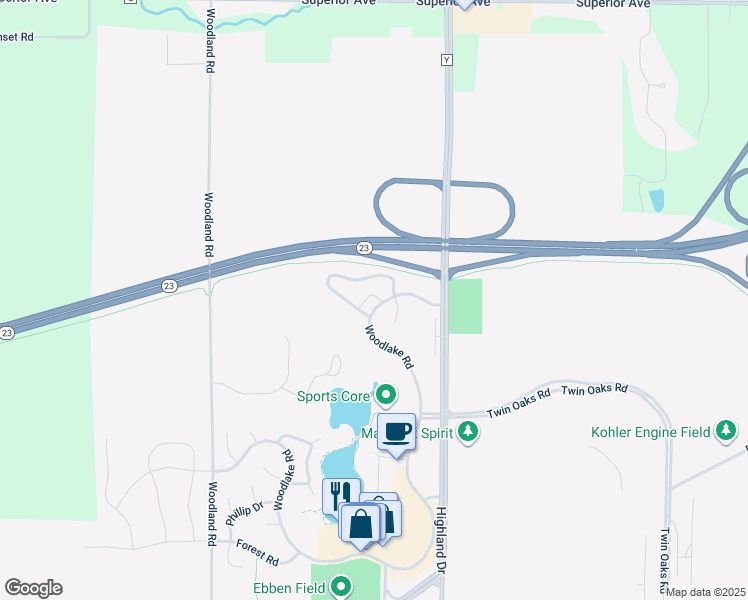 map of restaurants, bars, coffee shops, grocery stores, and more near 1032B Willow Lane in Kohler