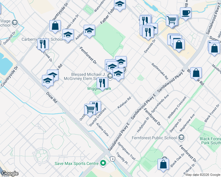 map of restaurants, bars, coffee shops, grocery stores, and more near 26 Octillo Boulevard in Brampton