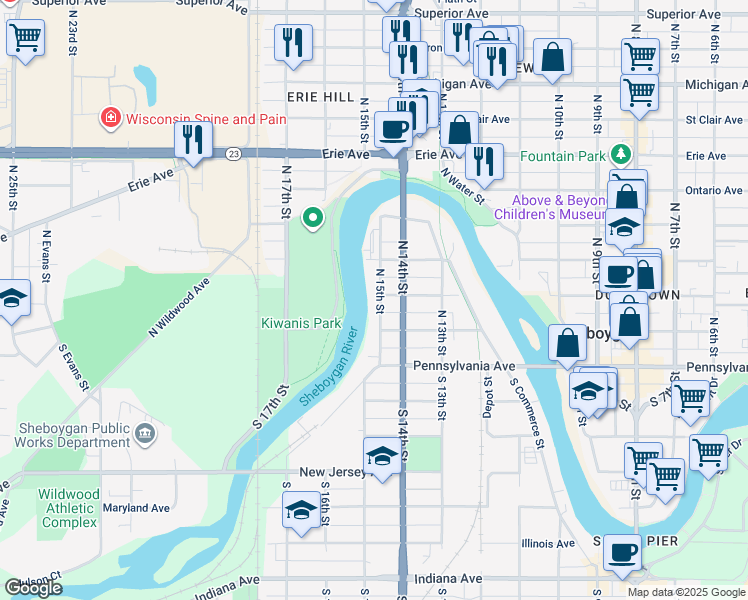map of restaurants, bars, coffee shops, grocery stores, and more near 630 North 15th Street in Sheboygan
