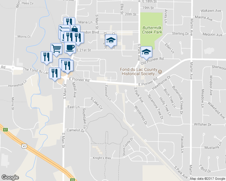 map of restaurants, bars, coffee shops, grocery stores, and more near 42 Roberta Court in Fond du Lac