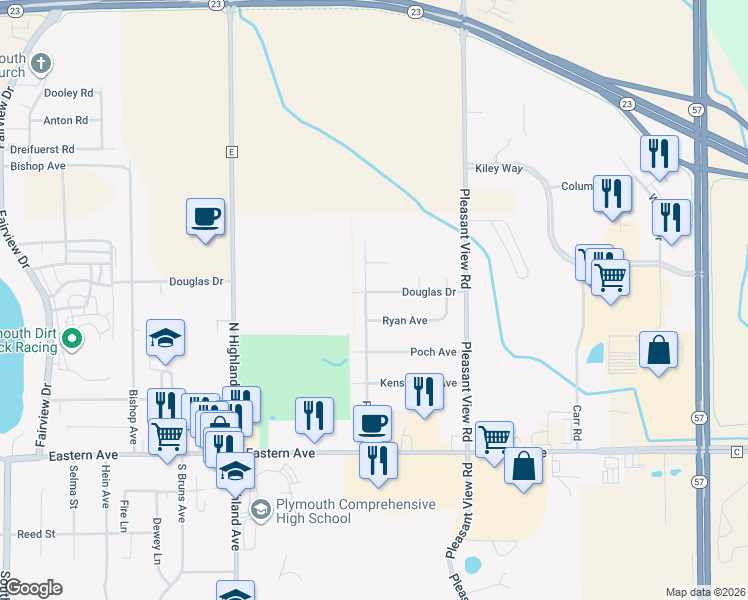 map of restaurants, bars, coffee shops, grocery stores, and more near 2003 Douglas Drive in Plymouth
