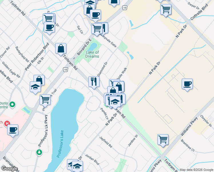 map of restaurants, bars, coffee shops, grocery stores, and more near 21 Trailside Walk in Brampton