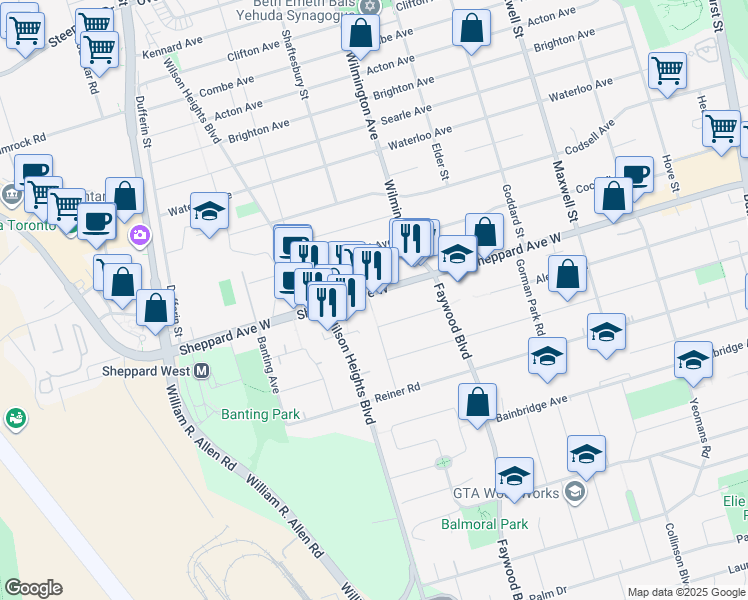 map of restaurants, bars, coffee shops, grocery stores, and more near 871 Sheppard Avenue West in Toronto