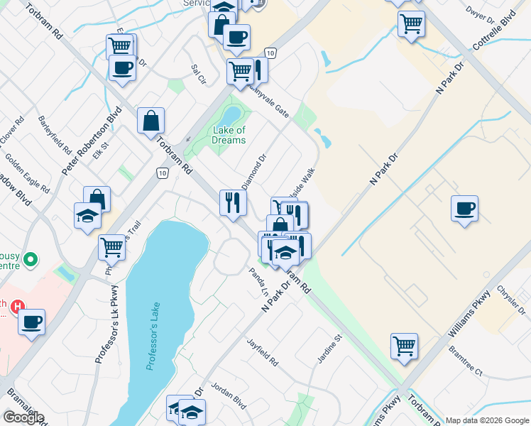 map of restaurants, bars, coffee shops, grocery stores, and more near 21 Trailside Walk in Brampton