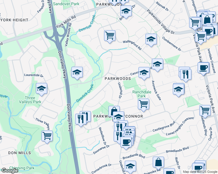 map of restaurants, bars, coffee shops, grocery stores, and more near 30 Kellythorne Drive in Toronto