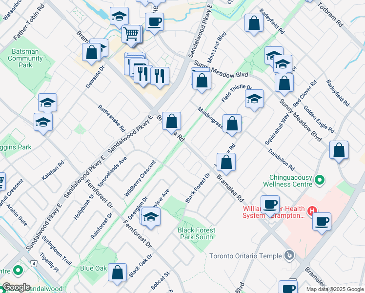 map of restaurants, bars, coffee shops, grocery stores, and more near 52 Wickstead Court in Brampton