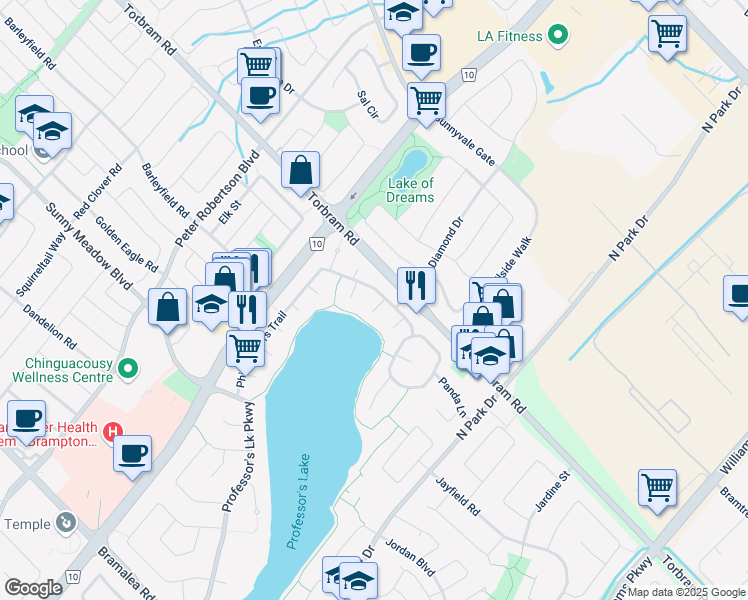 map of restaurants, bars, coffee shops, grocery stores, and more near 22 Priscilla Court in Brampton