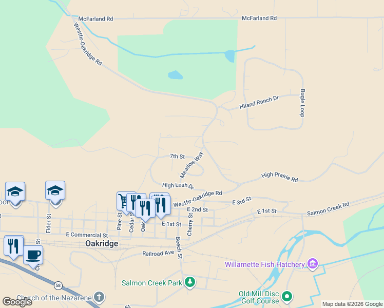 map of restaurants, bars, coffee shops, grocery stores, and more near 48399 7th St in Oakridge