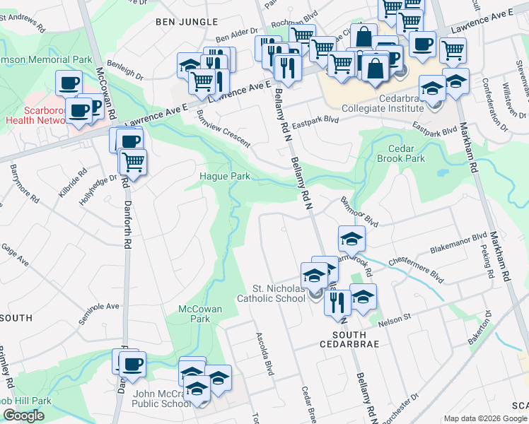 map of restaurants, bars, coffee shops, grocery stores, and more near 96 Cedar Brae Boulevard in Toronto