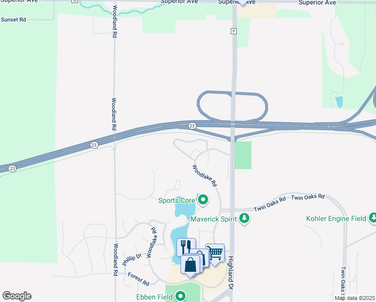 map of restaurants, bars, coffee shops, grocery stores, and more near 1032B Willow Lane in Kohler
