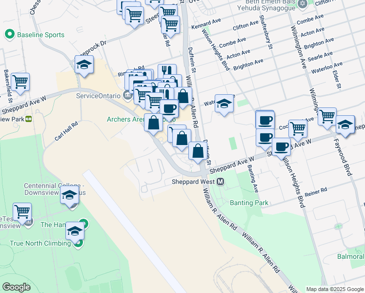 map of restaurants, bars, coffee shops, grocery stores, and more near 20 De Boers Drive in Toronto