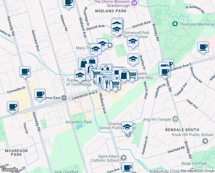 map of restaurants, bars, coffee shops, grocery stores, and more near 2650 Lawrence Avenue East in Toronto