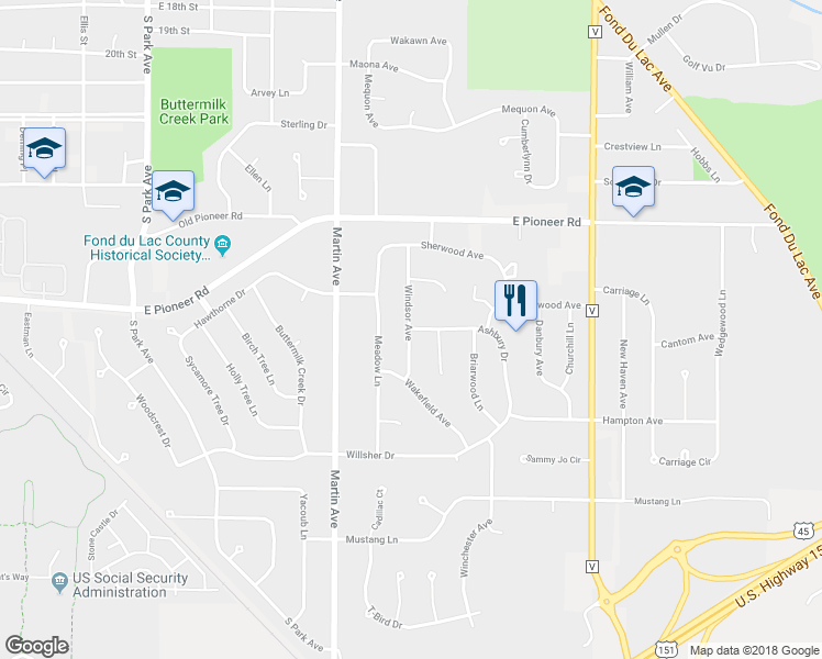 map of restaurants, bars, coffee shops, grocery stores, and more near Ashbury Drive in Fond du Lac