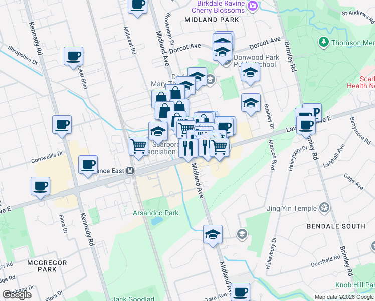 map of restaurants, bars, coffee shops, grocery stores, and more near 2572 Lawrence Avenue East in Toronto