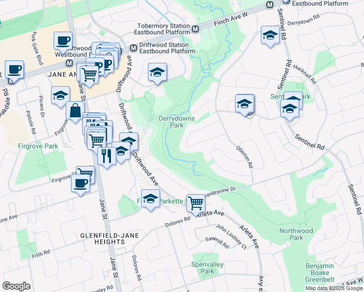 map of restaurants, bars, coffee shops, grocery stores, and more near 41 Keegan Crescent in Toronto