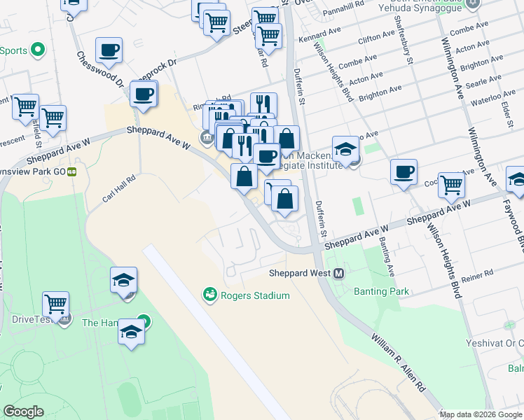 map of restaurants, bars, coffee shops, grocery stores, and more near 10 Kodiak Crescent in Toronto
