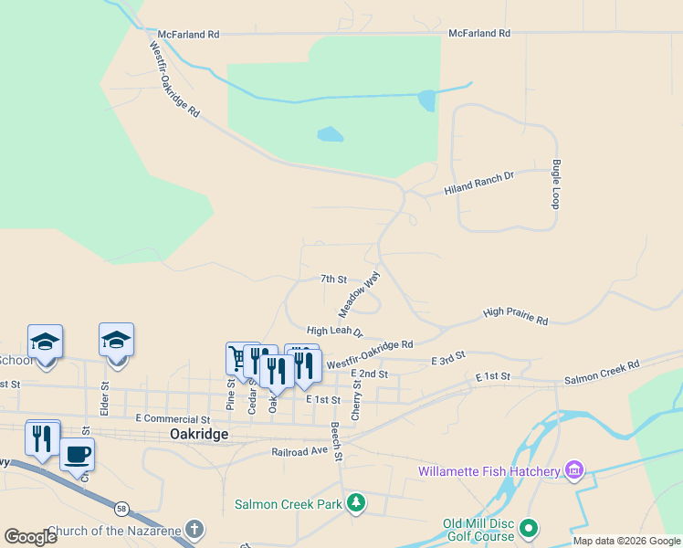 map of restaurants, bars, coffee shops, grocery stores, and more near 48379 7th Street in Oakridge