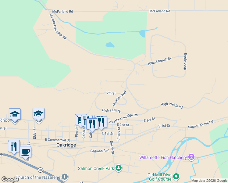 map of restaurants, bars, coffee shops, grocery stores, and more near 48379 7th Street in Oakridge
