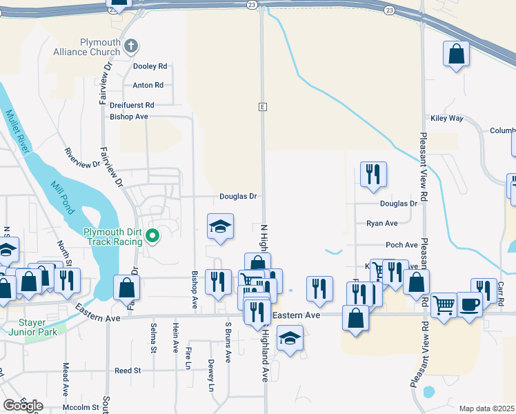 map of restaurants, bars, coffee shops, grocery stores, and more near 432 North Highland Avenue in Plymouth