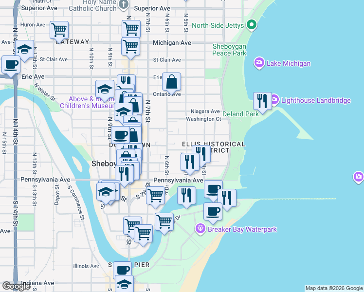 map of restaurants, bars, coffee shops, grocery stores, and more near 508 New York Avenue in Sheboygan