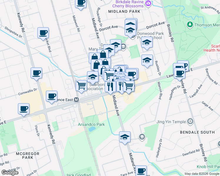 map of restaurants, bars, coffee shops, grocery stores, and more near 1450 Midland Avenue in Toronto