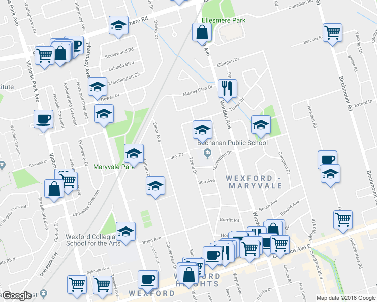 map of restaurants, bars, coffee shops, grocery stores, and more near 162 Tower Drive in Toronto
