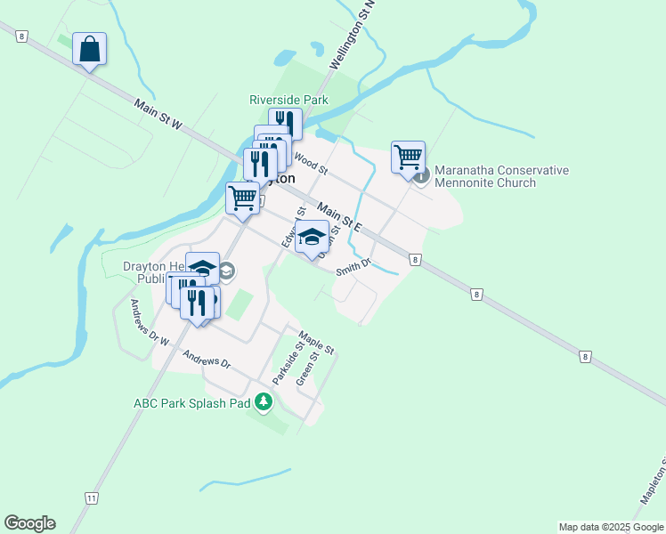 map of restaurants, bars, coffee shops, grocery stores, and more near 22 Smith Drive in Drayton