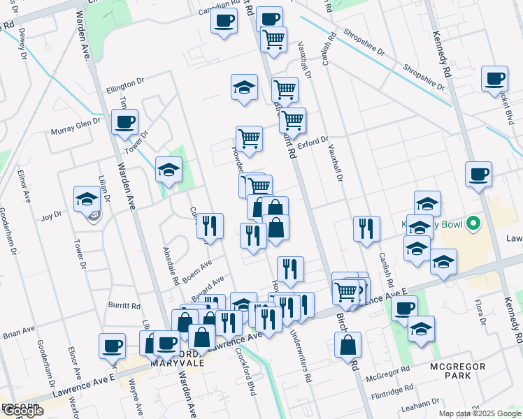 map of restaurants, bars, coffee shops, grocery stores, and more near 75 Howden Road in Toronto