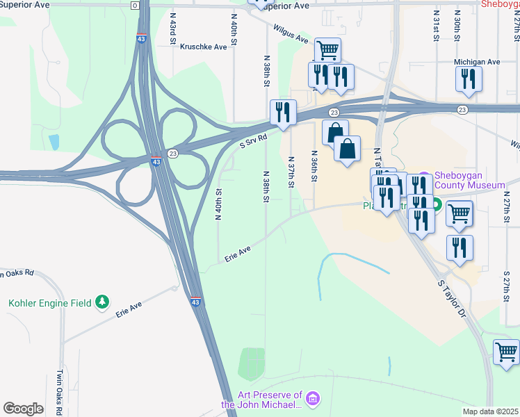 map of restaurants, bars, coffee shops, grocery stores, and more near 705 North 38th Street in Sheboygan