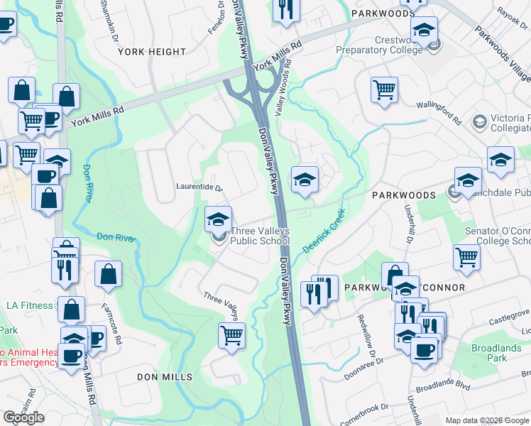 map of restaurants, bars, coffee shops, grocery stores, and more near 48 Three Valleys Drive in Toronto