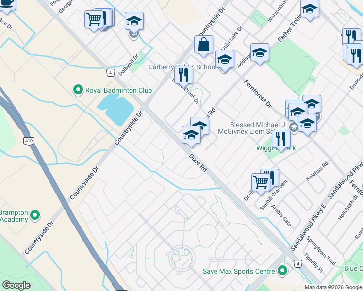 map of restaurants, bars, coffee shops, grocery stores, and more near Dixie Rd & Templehill Rd in Brampton