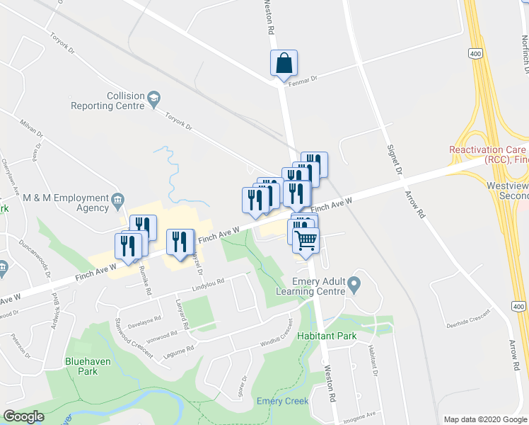 map of restaurants, bars, coffee shops, grocery stores, and more near 2362 Finch Avenue West in Toronto