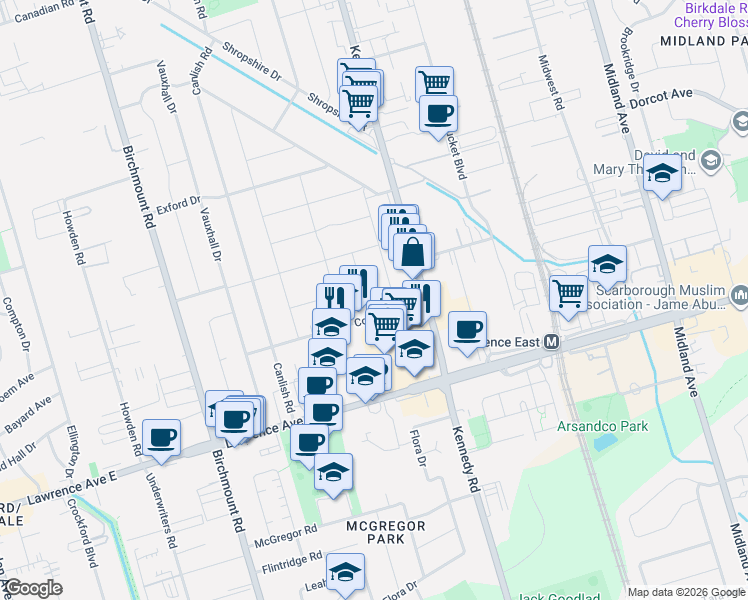map of restaurants, bars, coffee shops, grocery stores, and more near 7 Denham Road in Toronto