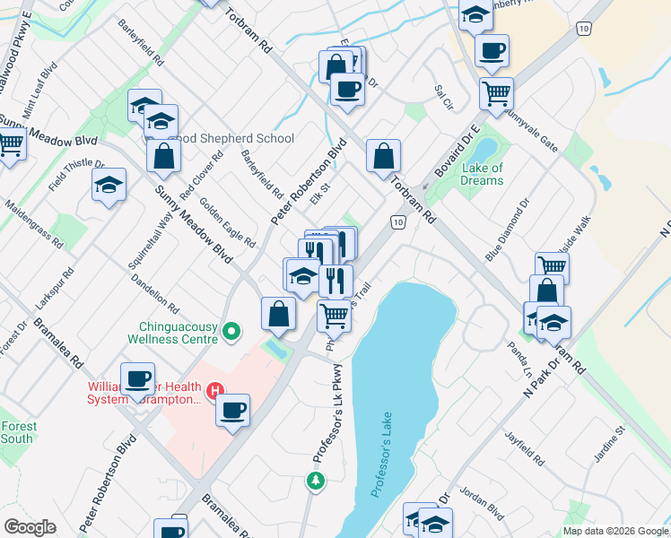 map of restaurants, bars, coffee shops, grocery stores, and more near 2280 Bovaird Drive East in Brampton
