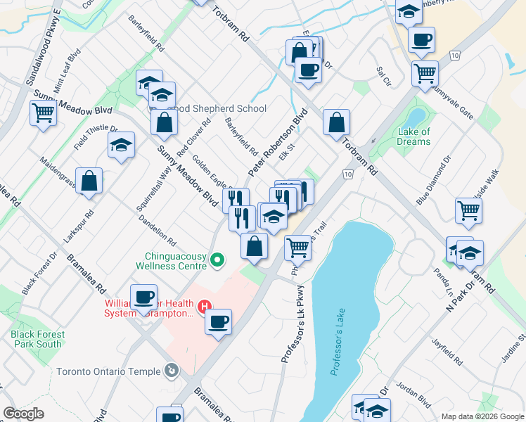 map of restaurants, bars, coffee shops, grocery stores, and more near 26 Giraffe Avenue in Brampton