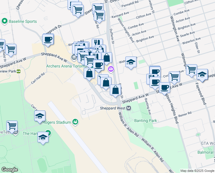 map of restaurants, bars, coffee shops, grocery stores, and more near 20 De Boers Drive in Toronto